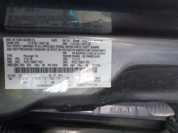 2014 Ford C-Max Energi SEL with VIN 1FADP5CU3EL513103, listed as a IAAI auction lot 41728996 with 95,882 mi miles. Bid and sale history available at carsss.com. Image 9.