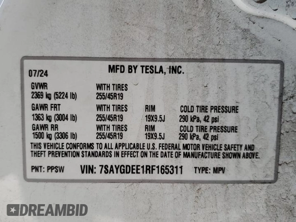2024 Tesla Model Y Long Range with VIN 7SAYGDEE1RF165311, listed as a Copart auction lot 51711665 with 15,190 mi miles and Salvage Title. Bid and sale history available at DreamBid. Image 14.