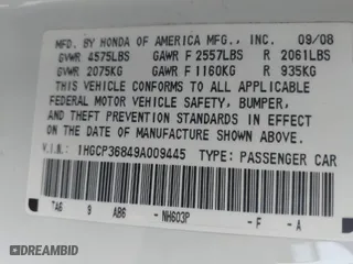 2009 Honda Accord Sdn EX-L with VIN 1HGCP36849A009445, listed as a IAAI auction lot 41537934 with 176,086 mi miles. Bid and sale history available at carsss.com. Image 9.