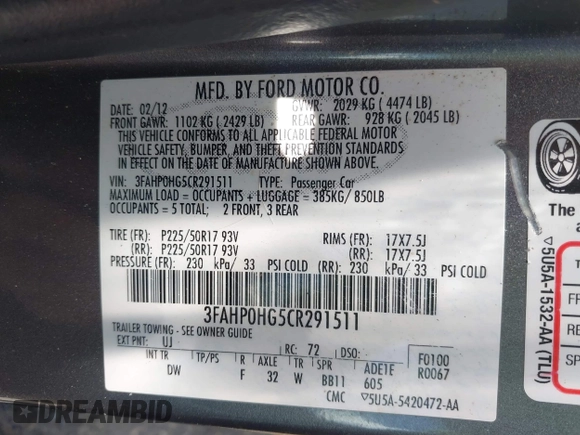 2012 Ford Fusion SE with VIN 3FAHP0HG5CR291511, listed as a IAAI auction lot 42546174 with 241,493 mi miles and . Bid and sale history available at DreamBid. Image 9.