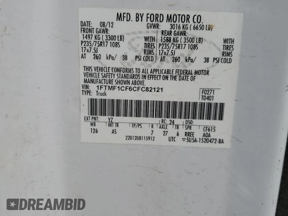 2012 Ford F-150 XL with VIN 1FTMF1CF6CFC82121, listed as a Copart auction lot 84602264 with 0 mi miles and Salvage Title. Bid and sale history available at carsss.com. Image 13.