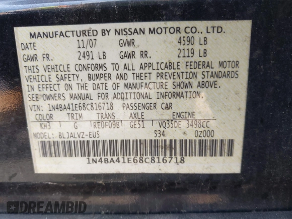 2008 Nissan Maxima SL z VIN 1N4BA41E68C816718, wystawiony jako IAAI lot #42101345 z przebiegiem Nie podano mil oraz . Historia ofert i sprzedaży dostępna na DreamBid. Obrazek 9.