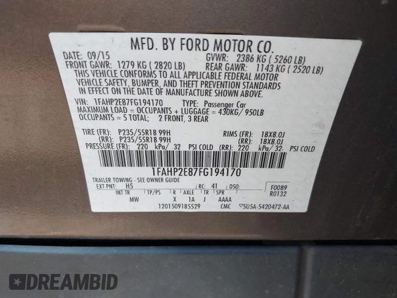 2015 Ford Taurus SEL with VIN 1FAHP2E87FG194170, listed as a IAAI auction lot 42184749 with 222,609 mi miles and . Bid and sale history available at carsss.com. Image 9.