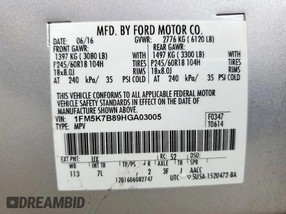 2017 Ford Explorer с VIN 1FM5K7B89HGA03005, выставлен на аукционе Copart как лот 58712165 с пробегом 99 954 миль миль и Списание • Salvage title. История ставок и продаж доступна на DreamBid. Изображение 14.