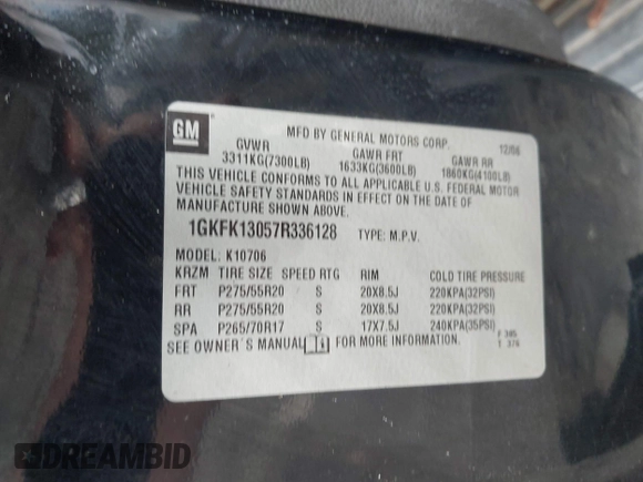 2007 GMC Yukon SLT z VIN 1GKFK13057R336128, wystawiony jako IAAI lot #42301778 z przebiegiem 153 227 mil mil oraz . Historia ofert i sprzedaży dostępna na DreamBid. Obrazek 9.