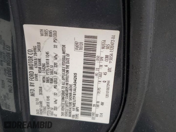 2010 Ford Explorer Limited with VIN 1FMEU7F81AUA94265, listed as a Copart auction lot 72809794 with 63,606 mi miles and Salvage Title. Bid and sale history available at carsss.com. Image 13.
