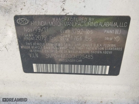2012 Hyundai Elantra Limited with VIN 5NPDH4AE0CH125485, listed as a IAAI auction lot 42035576 with 156,699 mi miles. Bid and sale history available at carsss.com. Image 9.