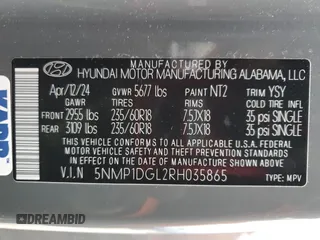 2024 Hyundai Santa Fe SE with VIN 5NMP1DGL2RH035865, listed as a Copart auction lot 84512534 with 19,130 mi miles and Salvage title. Bid and sale history available at DreamBid. Image 13.