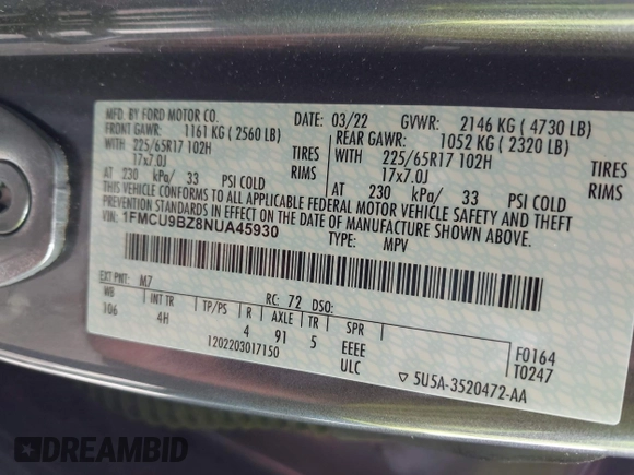 2022 Ford Escape SE Hybrid z VIN 1FMCU9BZ8NUA45930, wystawiony jako IAAI lot #42727220 z przebiegiem 20 mil mil oraz . Historia ofert i sprzedaży dostępna na DreamBid. Obrazek 9.