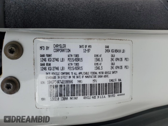 1998 Dodge Grand Caravan with VIN 1B4GP54R7WB598906, listed as a Copart auction lot 53277945 with 86,988 mi miles and Clean Title. Bid and sale history available at DreamBid. Image 13.