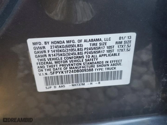 2013 Honda Ridgeline RT with VIN 5FPYK1F24DB009388, listed as a Copart auction lot 77687174 with 176,970 mi miles and Salvage Title. Bid and sale history available at carsss.com. Image 15.