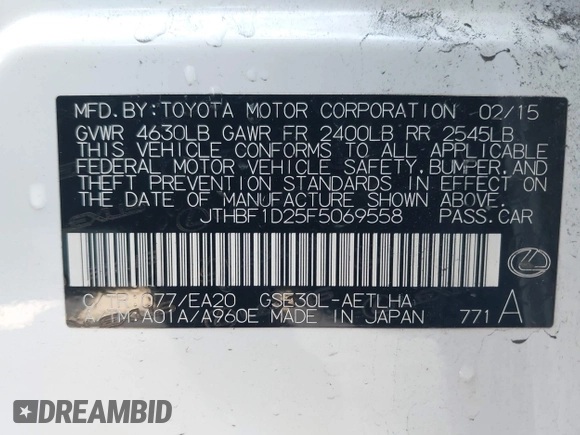 2015 Lexus IS 250 with VIN JTHBF1D25F5069558, listed as a IAAI auction lot 42664732 with 47,263 mi miles and . Bid and sale history available at DreamBid. Image 9.