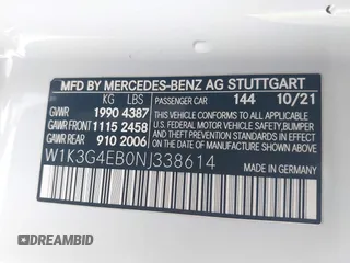2022 Mercedes-Benz A 220 with VIN W1K3G4EB0NJ338614, listed as a IAAI auction lot 41709933 with 207,910 mi miles and . Bid and sale history available at DreamBid. Image 9.