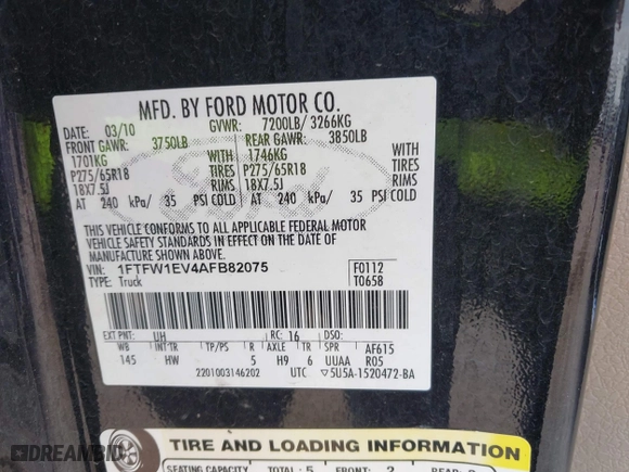 2010 Ford F-150 XL with VIN 1FTFW1EV4AFB82075, listed as a IAAI auction lot 42056531 with 245,999 mi miles. Bid and sale history available at carsss.com. Image 9.