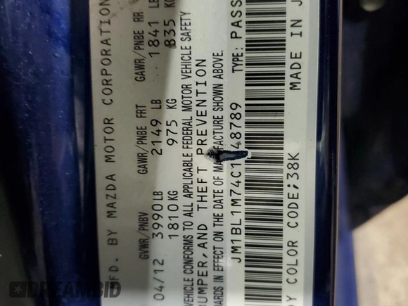 2012 Mazda 3 i Grand Touring with VIN JM1BL1M74C1648789, listed as a Copart auction lot 50654235 with 114,037 mi miles and Salvage Title. Bid and sale history available at DreamBid. Image 14.