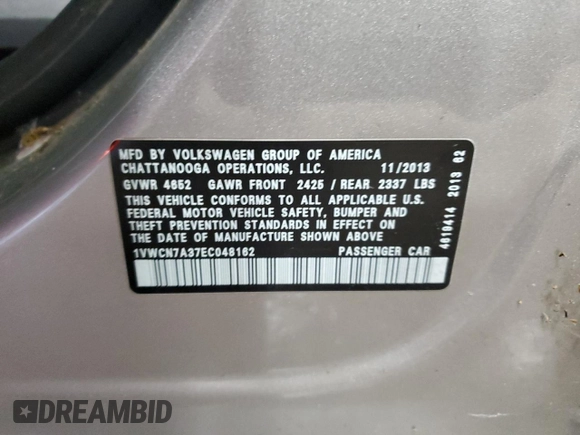 2014 Volkswagen Passat SEL Premium z VIN 1VWCN7A37EC048162, wystawiony jako Copart lot #55351735 z przebiegiem 110 549 mil mil oraz Czysty tytuł • Clean title. Historia ofert i sprzedaży dostępna na DreamBid. Obrazek 12.