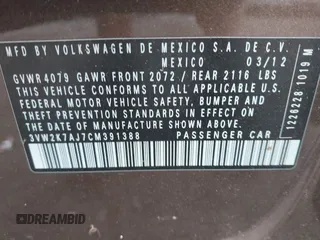 2012 Volkswagen Jetta S with VIN 3VW2K7AJ7CM391388, listed as a IAAI auction lot 42256440 with 178,344 mi miles and . Bid and sale history available at DreamBid. Image 9.