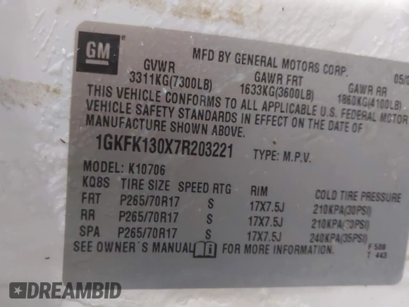 2007 GMC Yukon SLT with VIN 1GKFK130X7R203221, listed as a IAAI auction lot 41583409 with 254,586 mi miles. Bid and sale history available at carsss.com. Image 9.
