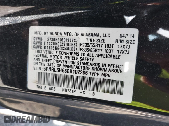 2014 Honda Odyssey EX-L with VIN 5FNRL5H68EB102286, listed as a IAAI auction lot 42148323 with 160,446 mi miles and . Bid and sale history available at carsss.com. Image 9.