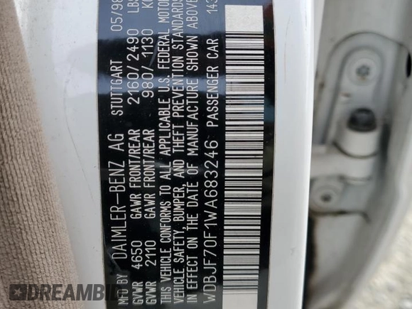 1998 Mercedes-Benz E with VIN WDBJF70F1WA683246, listed as a Copart auction lot 46858965 with Not Provided miles and Salvage Title. Bid and sale history available at DreamBid. Image 12.