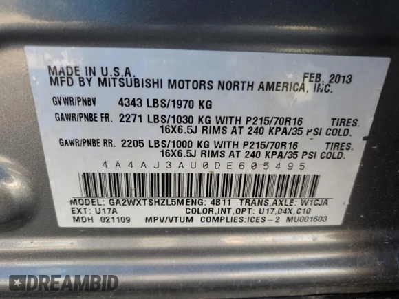 2013 Mitsubishi Outlander Sport SE с VIN 4A4AJ3AU0DE605495, выставлен на аукционе Copart как лот 75622534 с пробегом 180 642 миль миль и Чистый • Clean title. История ставок и продаж доступна на DreamBid. Изображение 13.