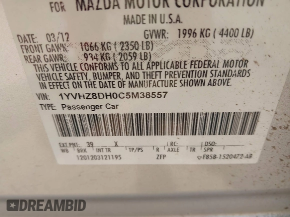 2012 Mazda 6 i Touring с VIN 1YVHZ8DH0C5M38557, выставлен на аукционе IAAI как лот 42273518 с пробегом 229 368 миль миль и . История ставок и продаж доступна на DreamBid. Изображение 9.