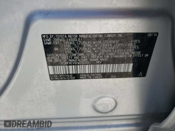 2014 Toyota RAV4 LE with VIN 2T3BFREVXEW220264, listed as a Copart auction lot 53903095 with 172,042 mi miles and Salvage Title. Bid and sale history available at DreamBid. Image 13.