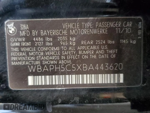 2011 BMW 3 Series 328i with VIN WBAPH5C5XBA443620, listed as a Copart auction lot 54633355 with 168,579 mi miles and Clean Title. Bid and sale history available at carsss.com. Image 12.