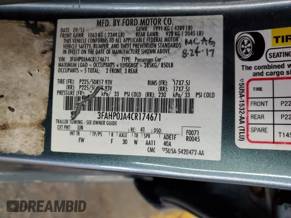 2012 Ford Fusion SEL with VIN 3FAHP0JA4CR174671, listed as a Copart auction lot 53242835 with 140,524 mi miles and Salvage Title. Bid and sale history available at DreamBid. Image 12.