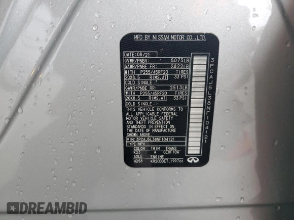 2022 Infiniti QX55 Sensory with VIN 3PCAJ5L38NF104121, listed as a Copart auction lot 86705454 with 53,042 mi miles and Salvage title. Bid and sale history available at DreamBid. Image 13.