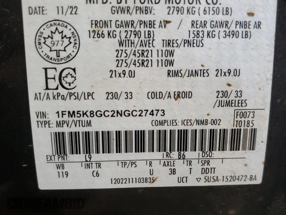 2022 Ford Explorer ST z VIN 1FM5K8GC2NGC27473, wystawiony jako Copart lot #49190175 z przebiegiem 28 611 mil mil oraz Nie do naprawy • Non repairable. Historia ofert i sprzedaży dostępna na DreamBid. Obrazek 14.