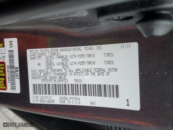 2020 Toyota Tundra 4WD SR5 with VIN 5TFDY5F19LX899332, listed as a Copart auction lot 46111005 with 85,055 mi miles and Salvage Title. Bid and sale history available at carsss.com. Image 12.