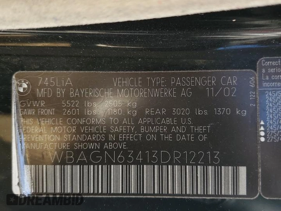 2003 BMW 7 Series 745Li with VIN WBAGN63413DR12213, listed as a Copart auction lot 72643284 with 186,506 mi miles and Salvage Title. Bid and sale history available at carsss.com. Image 15.