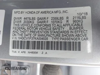 2019 Honda Accord Sedan Sport 1.5T with VIN 1HGCV1F37KA004535, listed as a IAAI auction lot 41867441 with 80,729 mi miles. Bid and sale history available at carsss.com. Image 9.