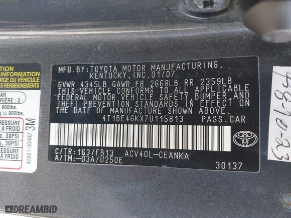 2007 Toyota Camry CE with VIN 4T1BE46KX7U115813, listed as a IAAI auction lot 41803314 with 165,233 mi miles. Bid and sale history available at carsss.com. Image 9.