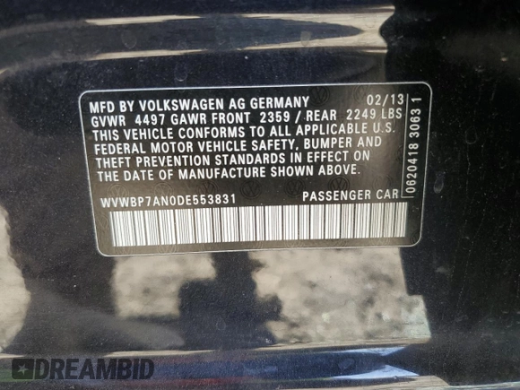 2013 Volkswagen CC R-Line with VIN WVWBP7AN0DE553831, listed as a Copart auction lot 61788784 with 134,430 mi miles and Salvage Title. Bid and sale history available at carsss.com. Image 12.