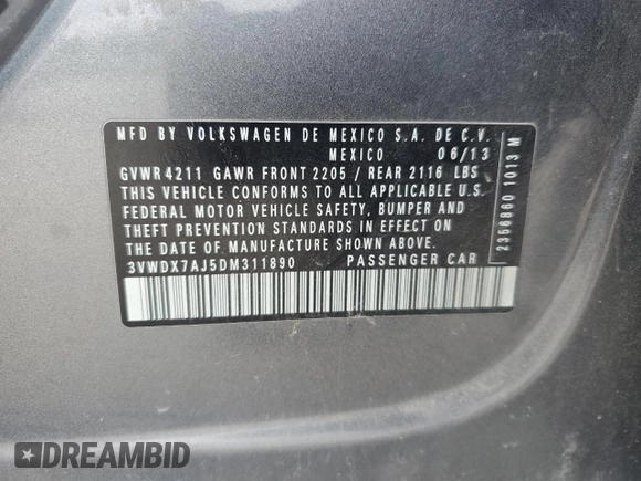 2013 Volkswagen Jetta SE с VIN 3VWDX7AJ5DM311890, выставлен на аукционе Copart как лот 50812155 с пробегом Не указан миль и Списание • Salvage title. История ставок и продаж доступна на DreamBid. Изображение 12.
