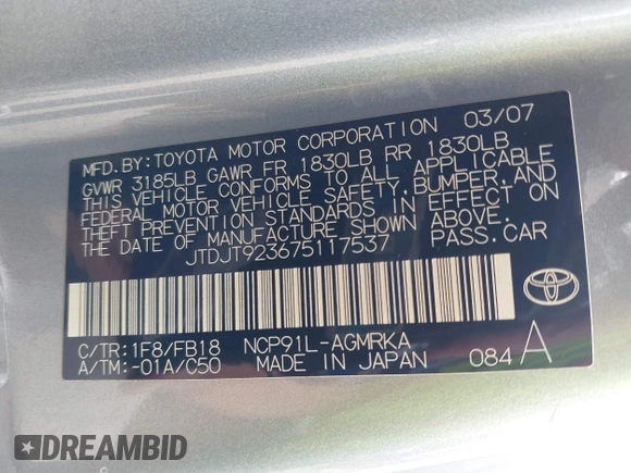 2007 Toyota Yaris with VIN JTDJT923675117537, listed as a IAAI auction lot 42116893 with 210,036 mi miles. Bid and sale history available at carsss.com. Image 9.
