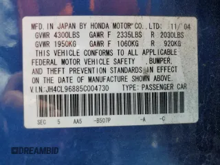 2005 Acura TSX with VIN JH4CL96885C004730, listed as a Copart auction lot 54095975 with 72,990 mi miles and Salvage title. Bid and sale history available at DreamBid. Image 12.
