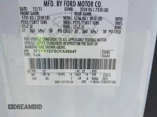 2012 Ford F-150 XL with VIN 1FTFX1EF5CFA36647, listed as a IAAI auction lot 42795921 with 272,570 mi miles and . Bid and sale history available at DreamBid. Image 9.