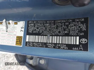2008 Toyota Prius with VIN JTDKB20U787776551, listed as a IAAI auction lot 42744748 with 226,977 mi miles and . Bid and sale history available at DreamBid. Image 9.