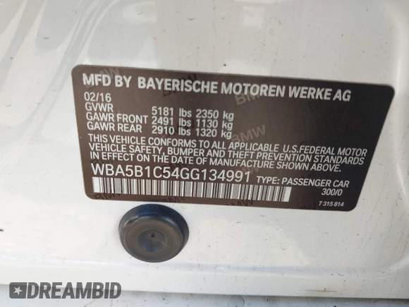 2016 BMW 5 Series 535i with VIN WBA5B1C54GG134991, listed as a IAAI auction lot 41573388 with 91,161 mi miles and . Bid and sale history available at DreamBid. Image 9.