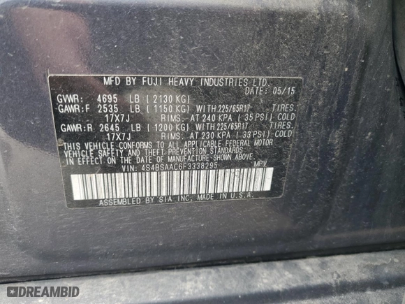 2015 Subaru Outback 2.5i with VIN 4S4BSAAC6F3338295, listed as a Copart auction lot 51153885 with 148,290 mi miles and Salvage Title. Bid and sale history available at carsss.com. Image 14.