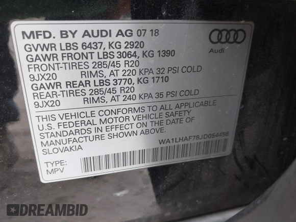 2018 Audi Q7 Premium Plus with VIN WA1LHAF78JD054456, listed as a IAAI auction lot 41924248 with 109,379 mi miles. Bid and sale history available at carsss.com. Image 9.
