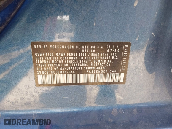 2020 Volkswagen Jetta S с VIN 3VWCB7BU0LM067356, выставлен на аукционе IAAI как лот 42151760 с пробегом 58 807 миль миль и . История ставок и продаж доступна на DreamBid. Изображение 9.