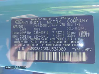2022 Hyundai Kona N Line with VIN KM8K33A36NU824980, listed as a IAAI auction lot 41814053 with 1 mi miles. Bid and sale history available at carsss.com. Image 9.