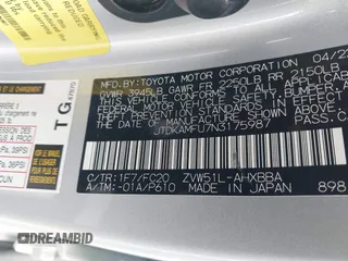 2022 Toyota Prius L Eco with VIN JTDKAMFU7N3175987, listed as a IAAI auction lot 41625093 with Not provided miles and . Bid and sale history available at DreamBid. Image 9.