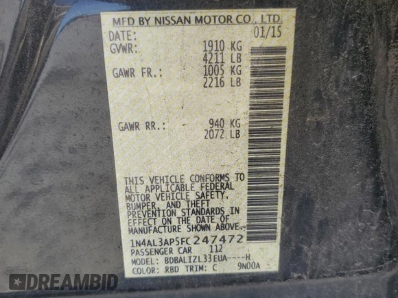 2015 Nissan Altima SV with VIN 1N4AL3AP5FC247472, listed as a Copart auction lot 52522615 with 85,278 mi miles and Salvage Title. Bid and sale history available at DreamBid. Image 15.