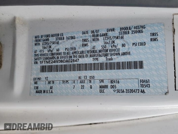 2008 Ford Econoline Cargo Commercial with VIN 1FTNE24W38DA02847, listed as a Copart auction lot 43975875 with 189,284 mi miles and Salvage Title. Bid and sale history available at DreamBid. Image 12.