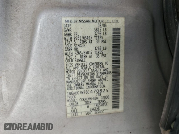 2006 Nissan Frontier SE z VIN 1N6AD07W76C470825, wystawiony jako Copart lot #55404525 z przebiegiem 195 732 mil mil oraz Czysty tytuł • Clean title. Historia ofert i sprzedaży dostępna na DreamBid. Obrazek 12.